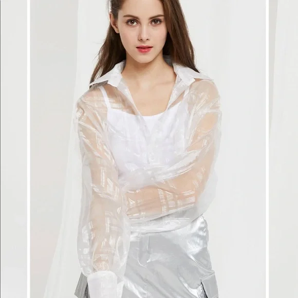 Storets Audrey plaid organza sheer collared shirt button up oversized - Picture 5 of 10